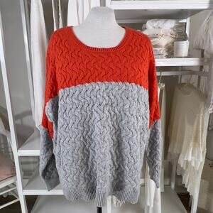 Fashion Avenue women's plus sz. 3X grey and orange cable knit sweater, #2004